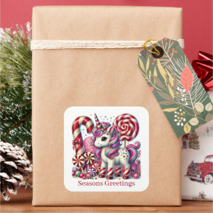 Pegatina Cuadrada Navidades unicornio fantasía Navidades personaliza