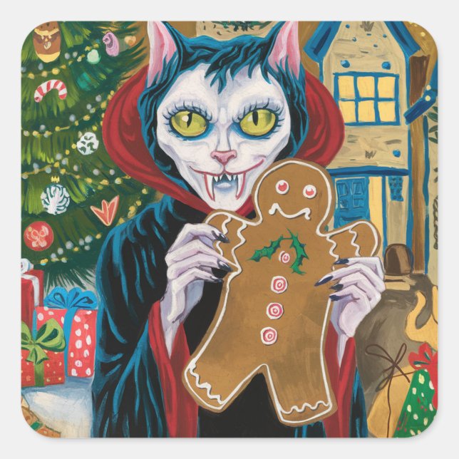Pegatina Cuadrada Navidades Vampire Kitty Con El Hombre De Gingerbre (Anverso)