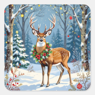 Pegatina Cuadrada Navidades venados en un bosque de invierno festivo