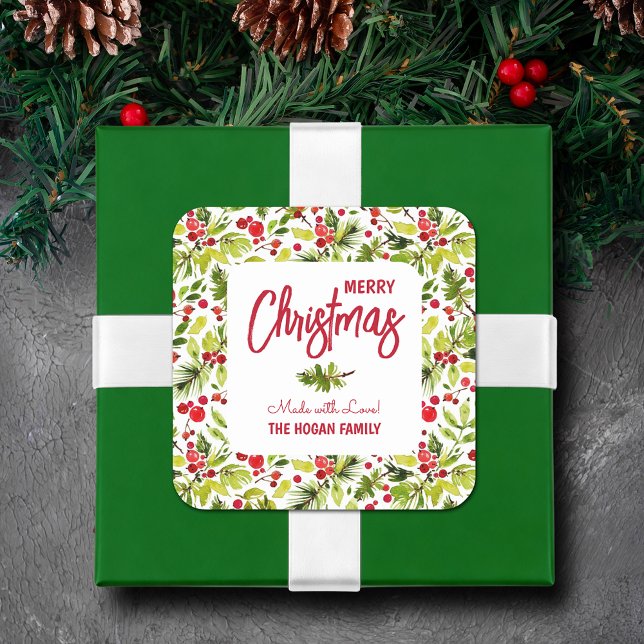 Pegatina Cuadrada Navidades Verdor Berries Vacaciones de comida case (Merry Christmas, Made with Love square stickers with greenery and red berries)