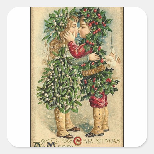 Pegatina Cuadrada Navidades victorianos besan festividad retro (Anverso)