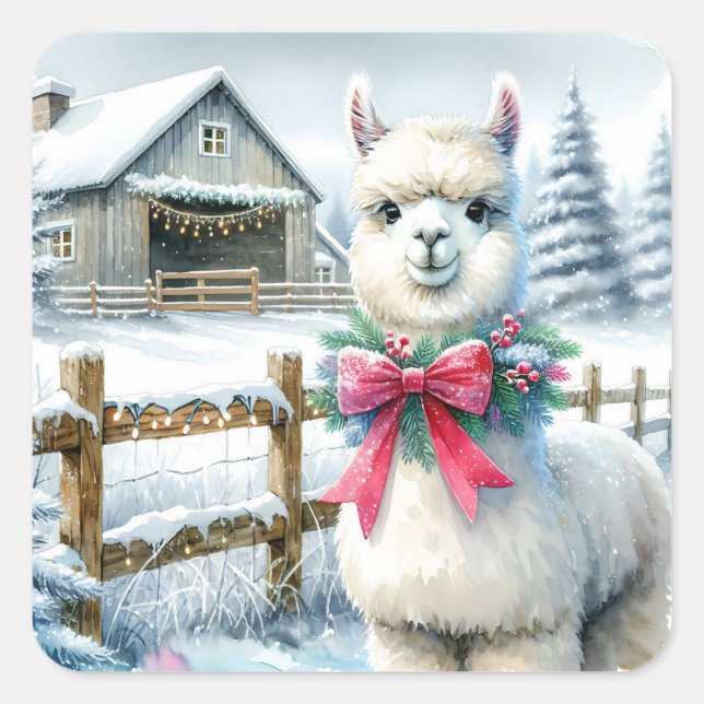 Pegatina Cuadrada Navidades Vintage Farm y Cute Alpaca (Anverso)