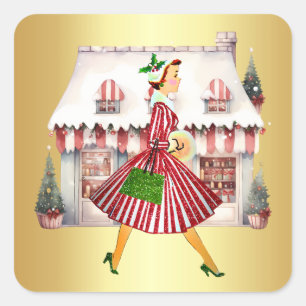 Pegatina Cuadrada navidades Vintage Lady Shopping de 1950