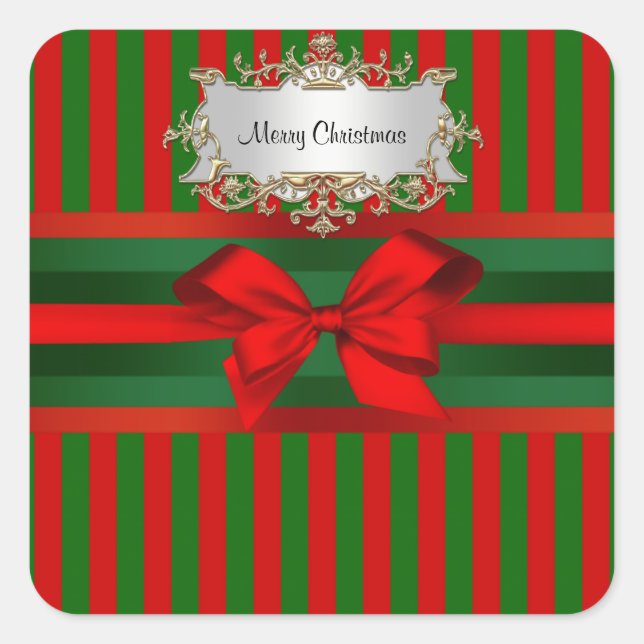 Pegatina Cuadrada Navidades Vintage Red & Green Stripe Ribbon (Anverso)