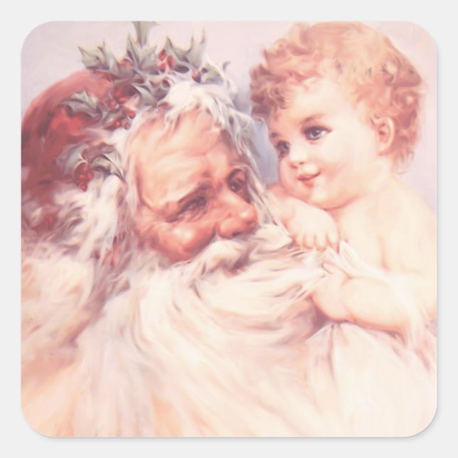 Pegatina Cuadrada Navidades Vintage Santa Claus Holding Child (Anverso)