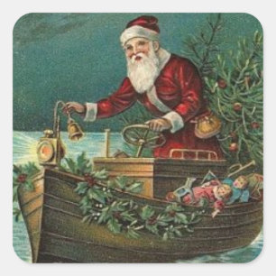 Pegatina Cuadrada Navidades Vintan A Santa Claus En Un Barco