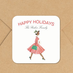 Pegatina Cuadrada Navidades vitalizan a retro mujer vestida de vesti