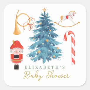 Pegatina Cuadrada Navidades Watercolor Cute Tree Baby Shower