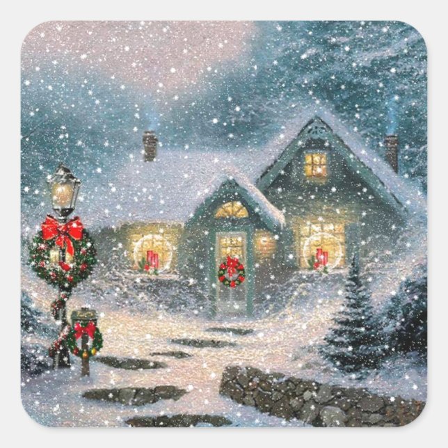 Pegatina Cuadrada Navidades Winter Cottage (Anverso)