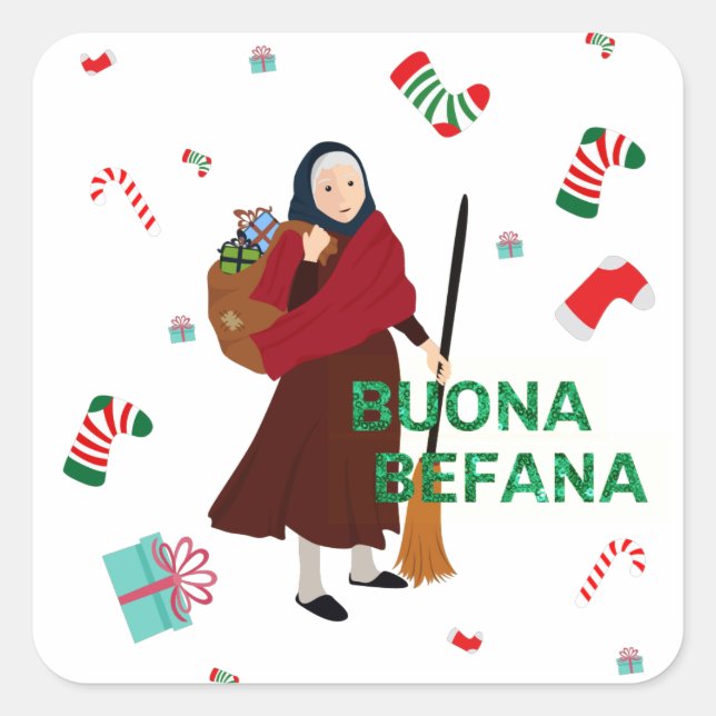 Pegatina Cuadrada navidades Witch buona Befana (Anverso)