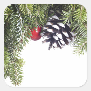 Pegatina Cuadrada Navidades Wreath Pine Cone Red Berry Template