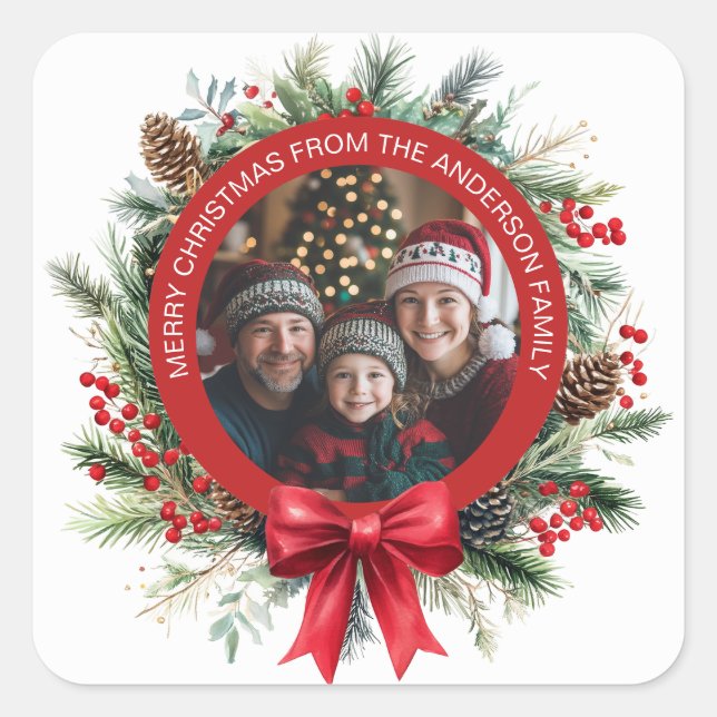Pegatina Cuadrada Navidades Wreath Pine deja foto de Holly Berries (Anverso)