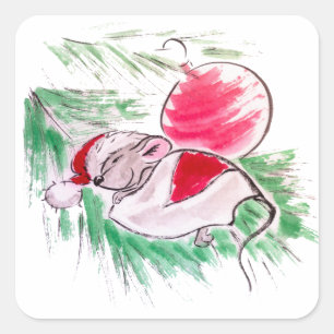 Pegatina Cuadrada Navidades y ratoncito dormido de Año Nuevo