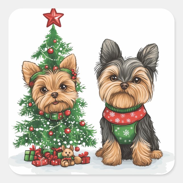 Pegatina Cuadrada Navidades Yorkie Dogs (Anverso)