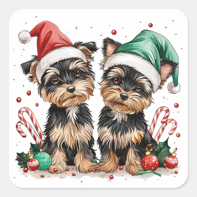 Pegatina Cuadrada Navidades Yorkshire Terrier Dogs (Anverso)