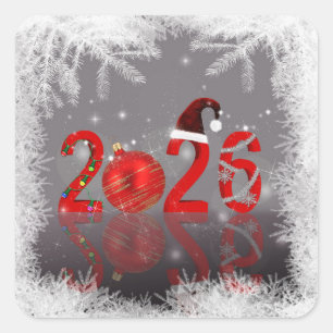 Pegatina Cuadrada Navideño 2026 Rojo Feliz Navidad Año Nuevo