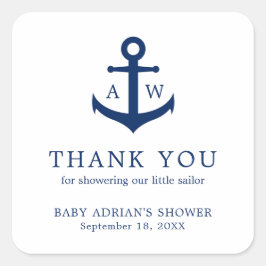 Pegatina Cuadrada Navy Blue Anchor Cute Boy Nautical Baby Shower