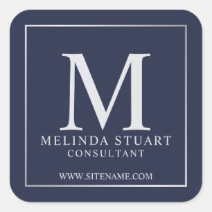 Pegatina Cuadrada Navy Blue and Silver Elegant Monograma Business