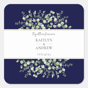 Pegatina Cuadrada Navy Blue Eucalyptus Together Forever Boda