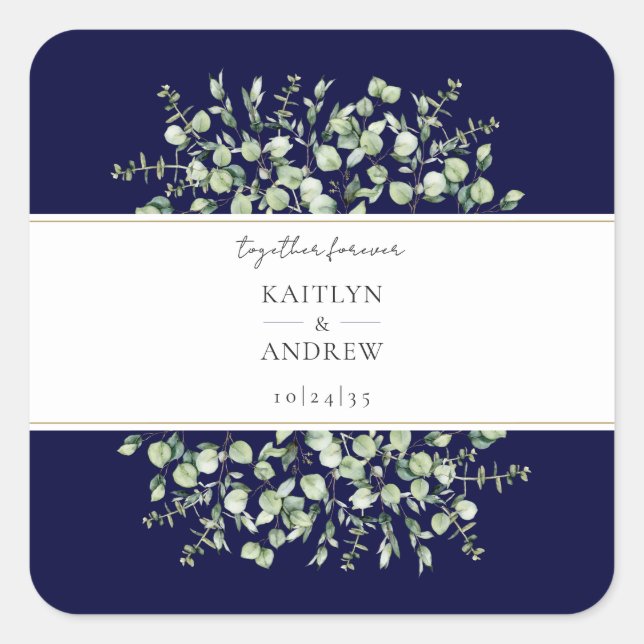 Pegatina Cuadrada Navy Blue Eucalyptus Together Forever Boda (Anverso)