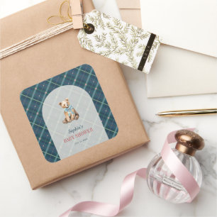 Pegatina Cuadrada Navy Blue Plaid Teddy Bear Boy Baby Shower