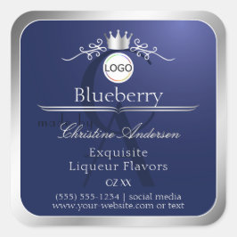 Pegatina Cuadrada Navy Blue Product Label Silver Frame Logo Monogram