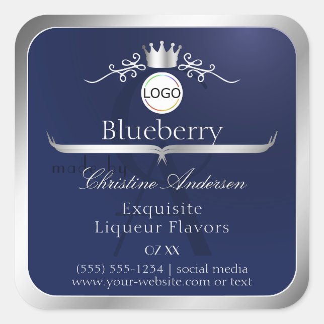 Pegatina Cuadrada Navy Blue Product Label Silver Frame Logo Monogram (Anverso)