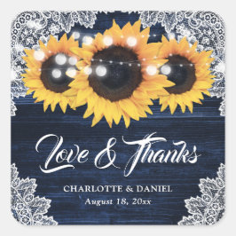 Pegatina Cuadrada Navy Blue Wood Lace Sunflower Wedding Thank You
