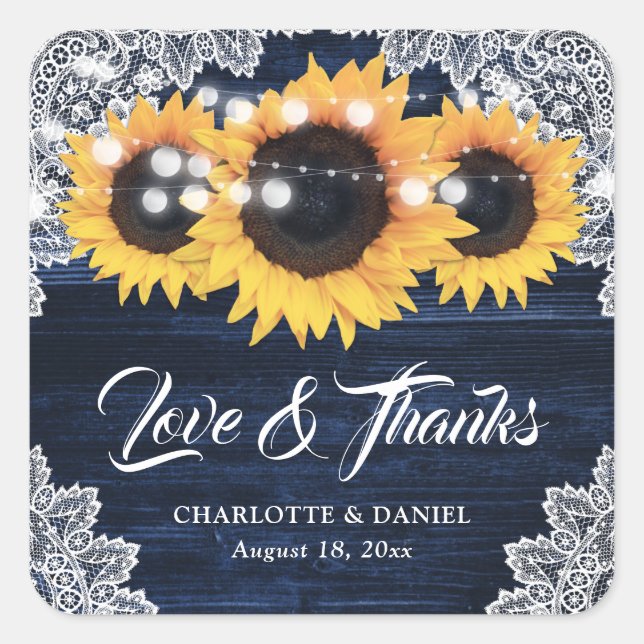 Pegatina Cuadrada Navy Blue Wood Lace Sunflower Wedding Thank You (Anverso)