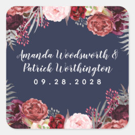 Pegatina Cuadrada Navy Fall Marsala Rubor Pink Peony Wedding Favor