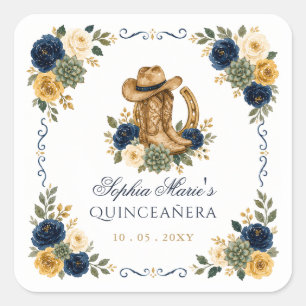 Pegatina Cuadrada Navy Gold Western Caballo Floral Charra Quinceañer