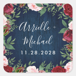 Pegatina Cuadrada Navy Marsala Country Rustic Wedding Favor de los P