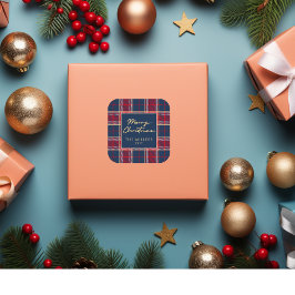 Pegatina Cuadrada Navy Red Tartan Plaid Moderno Elegante Minimalista