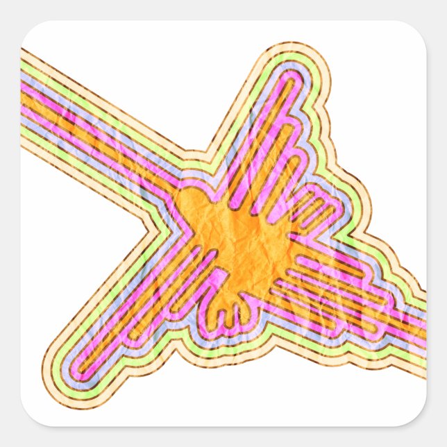Pegatina Cuadrada Nazca Lines Hummingbird Con Efecto De Papel Arruga (Anverso)
