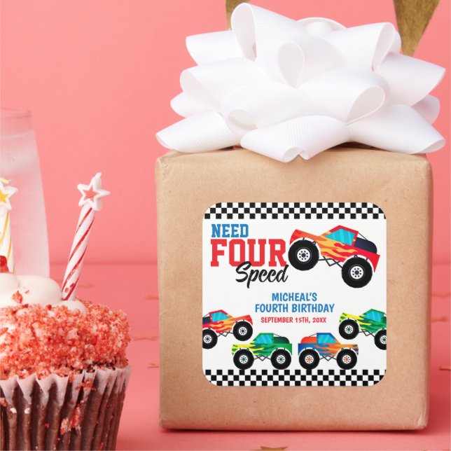 Pegatina Cuadrada Necesidad de un Camión Monstruo de Cuatro Velocida (Fiesta)