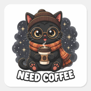 Pegatina Cuadrada Necesita Café Gato Negro Lindo Amante del Café Vin