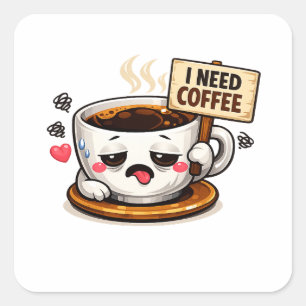 Pegatina Cuadrada Necesito café cita divertida Humor de amante del
