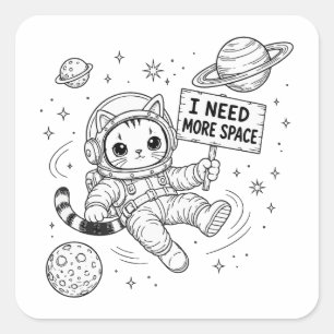 Pegatina Cuadrada Necesito Más Espacio Gato Astronauta Divertido