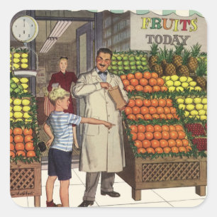 Pegatina Cuadrada Negocio Antiguo, Frutería con Tendero y Niño