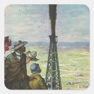 Pegatina Cuadrada Negocio Antiguo, Pozo de Petróleo Brotando con Tra