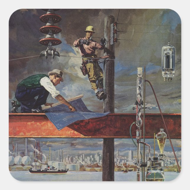 Pegatina Cuadrada Negocio, arquitectos y construcción de época (Anverso)