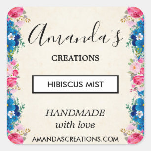 Pegatina Cuadrada Negocio con tramas de flores rosas y azules