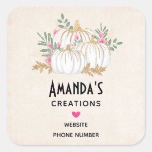Pegatina Cuadrada Negocio de acuarela de calabazas blancas y doradas