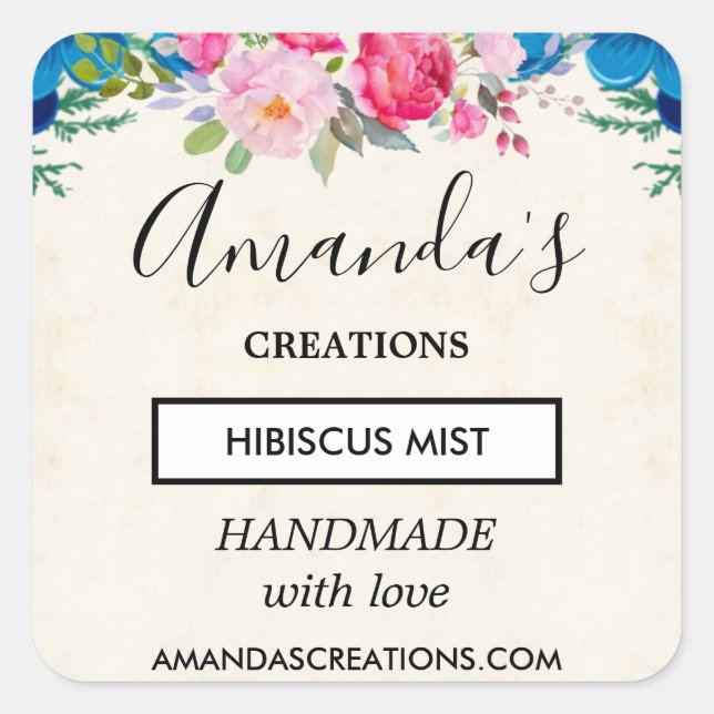 Pegatina Cuadrada Negocio fronterizo de flores azules y rosas de bon (Anverso)