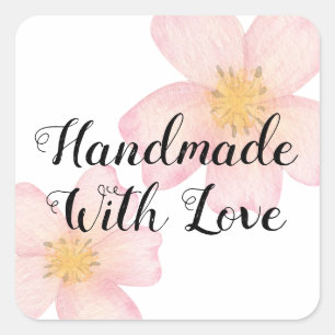 Pegatina Cuadrada Negocio Pequeño Hecho a Mano Con Amor - Floral Ros