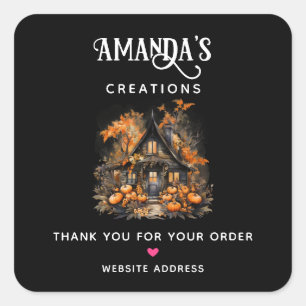 Pegatina Cuadrada Negra casa embrujada y calabazas Halloween Busines