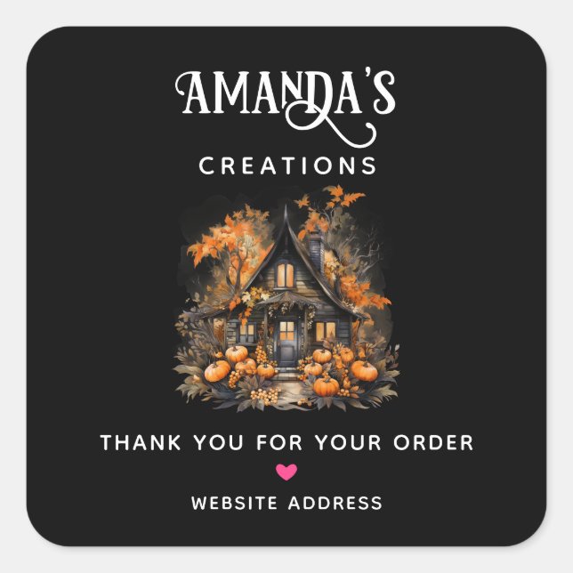 Pegatina Cuadrada Negra casa embrujada y calabazas Halloween Busines (Anverso)
