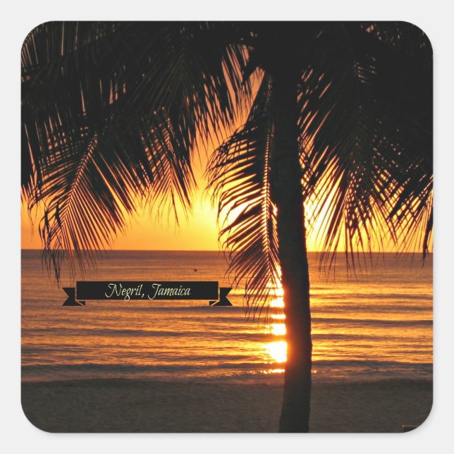 Pegatina Cuadrada Negril, Jamaica al atardecer (Anverso)