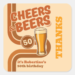 Pegatina Cuadrada Negrita Línea Retro Cheers & Beers 50 Cumpleaños