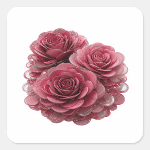 Pegatina Cuadrada Negrita plata TRES ROSAS ROSADAS CON GOTAS DE AGUA